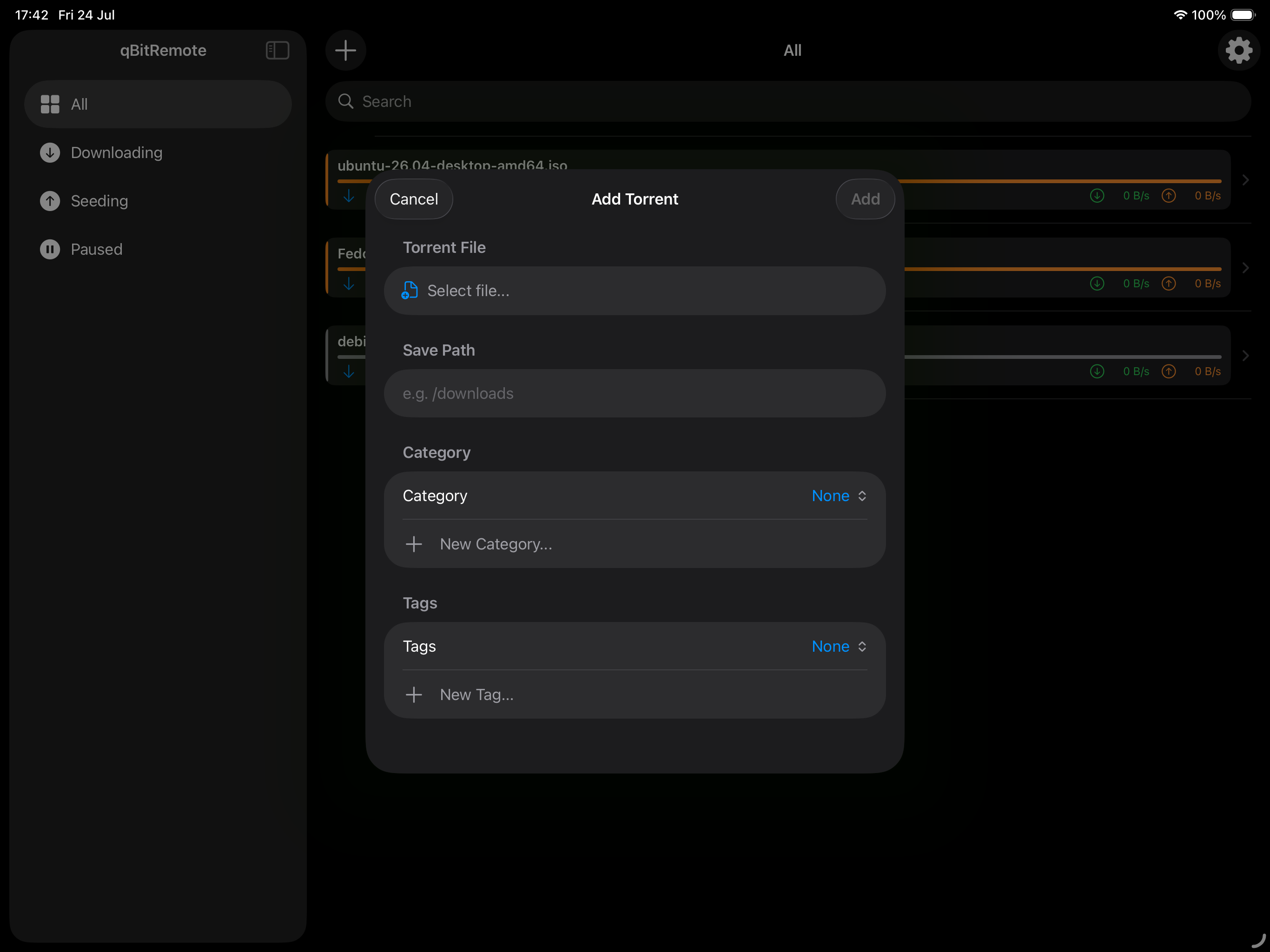 iPad — Add torrent